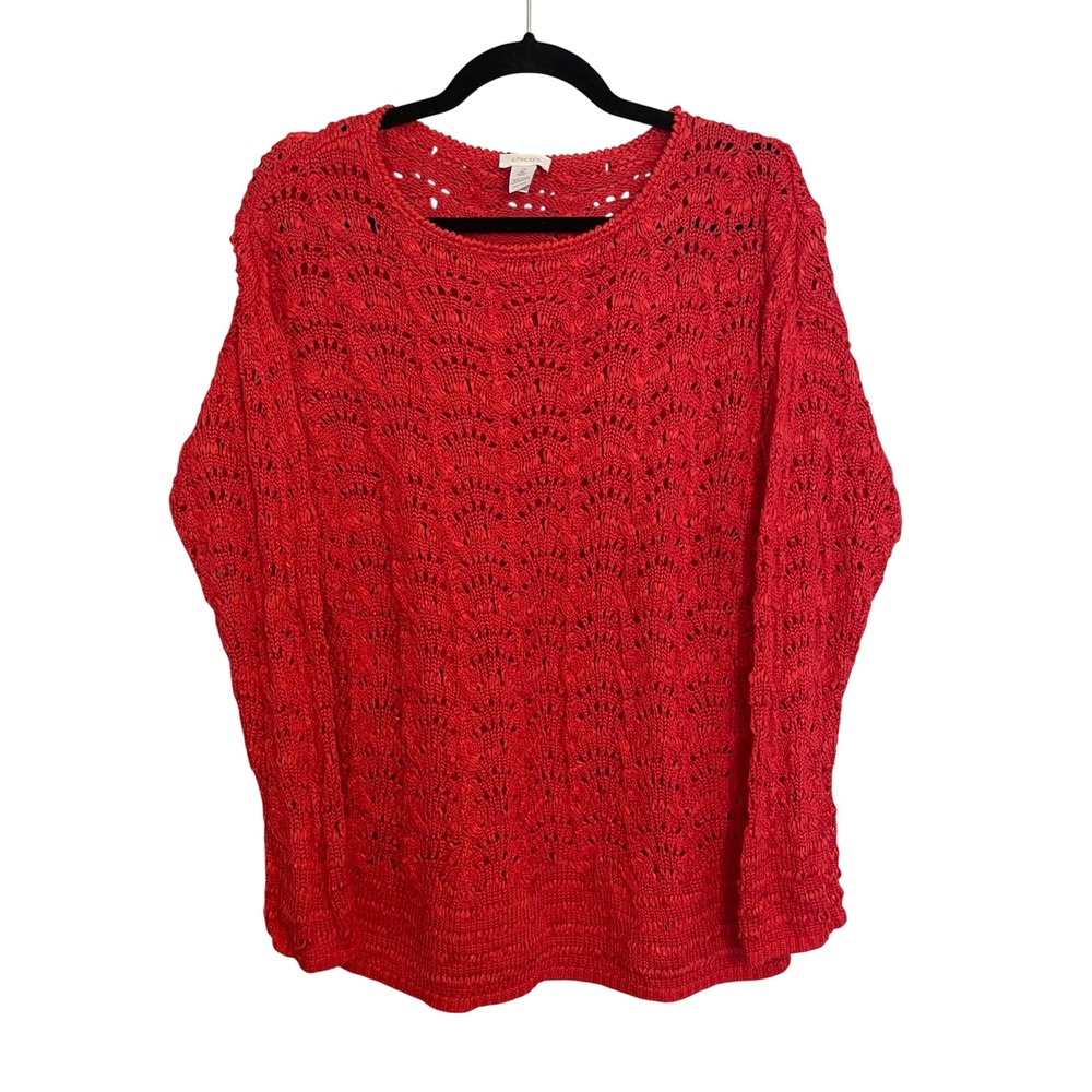 Chicos Red Open Knit Crochet Sweater Size 2 Large Long Sleeve Crew Neck Pullover